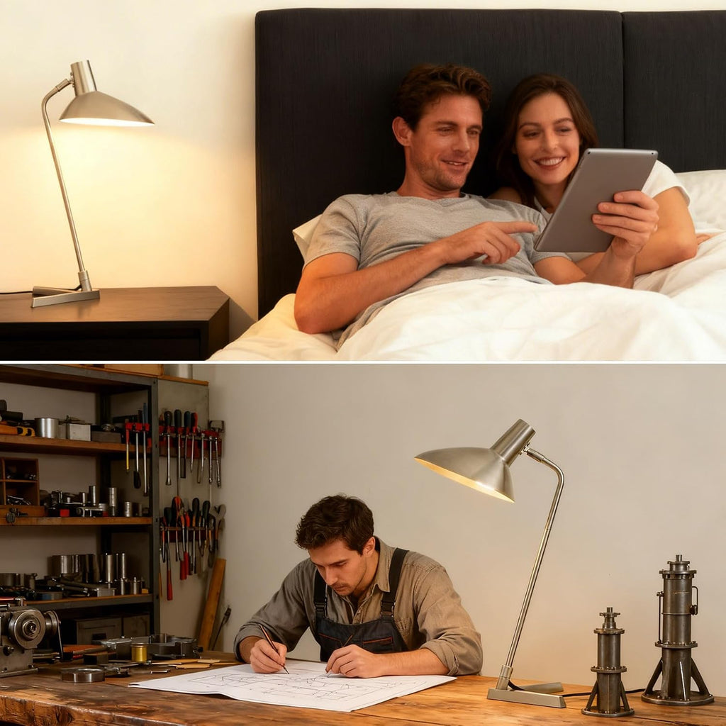 Industrial Desk Lamp Metal Modern Table Lamp 22', Adjustable Neck (4000K) with Adjustable Switch, Ideal for Office Desk Bedroom Bedside Lamps Study Room Living Room Side Table (Nickel)
