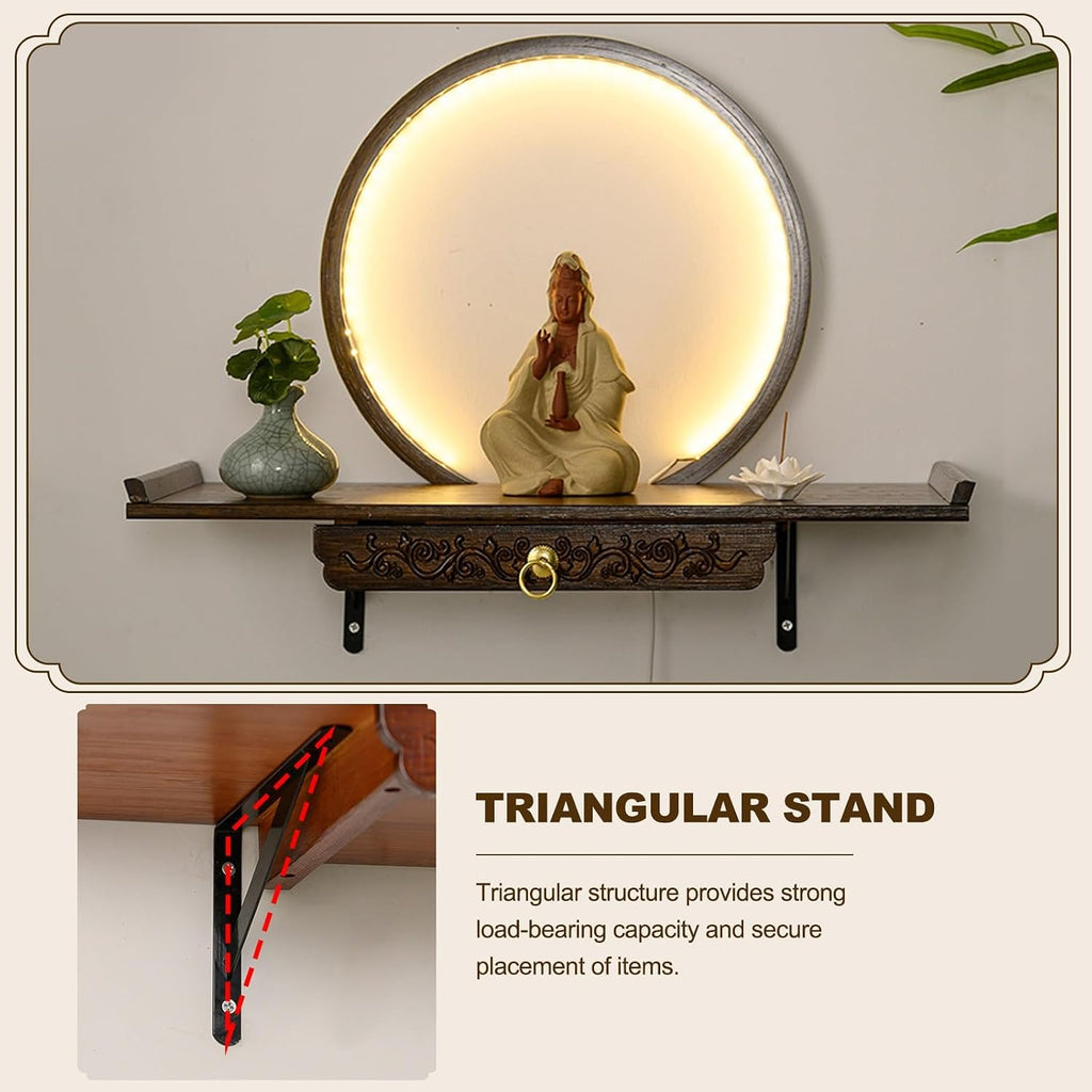 HARELA Wall-Mounted Personal Shrine Altar Table, Buddha Altar Shelf Shrine with LED Light, Retractable Bamboo Prayer Offering Table for Incense, Idols, and Worship Supplies(Reddish Brown,60cm/23.6in)