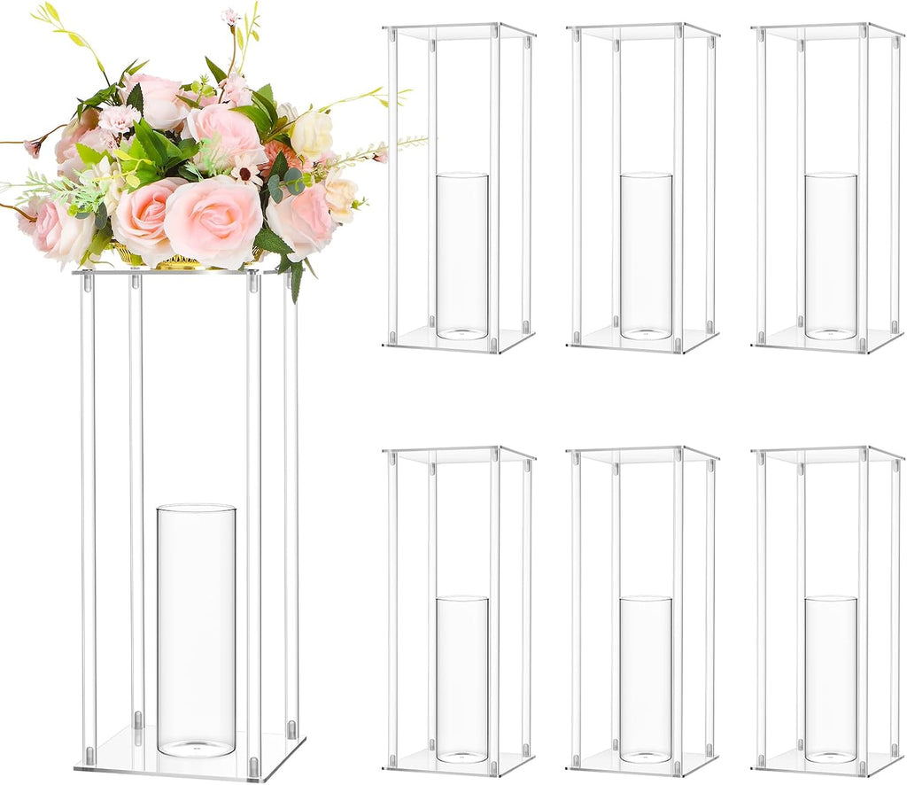 Sieral 6 Sets 20''Tall Clear Acrylic Flower Vase Wedding Centerpieces Flowers Stand with Glass Candle Holders Cylinder Vases, Transparent Flower Vases for Table Centerpiece Wedding Home (Large)