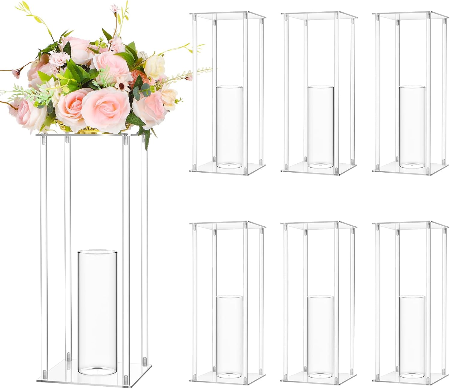 Sieral 6 Sets 20''Tall Clear Acrylic Flower Vase Wedding Centerpieces Flowers Stand with Glass Candle Holders Cylinder Vases, Transparent Flower Vases for Table Centerpiece Wedding Home (Large)