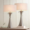 360 Lighting Rachel Modern Art Deco Table Lamps 28' Tall Set of 2 Concave Column Hourglass Silver Metal White Drum Shade for Living Room Bedroom House Bedside Nightstand Home Office Reading
