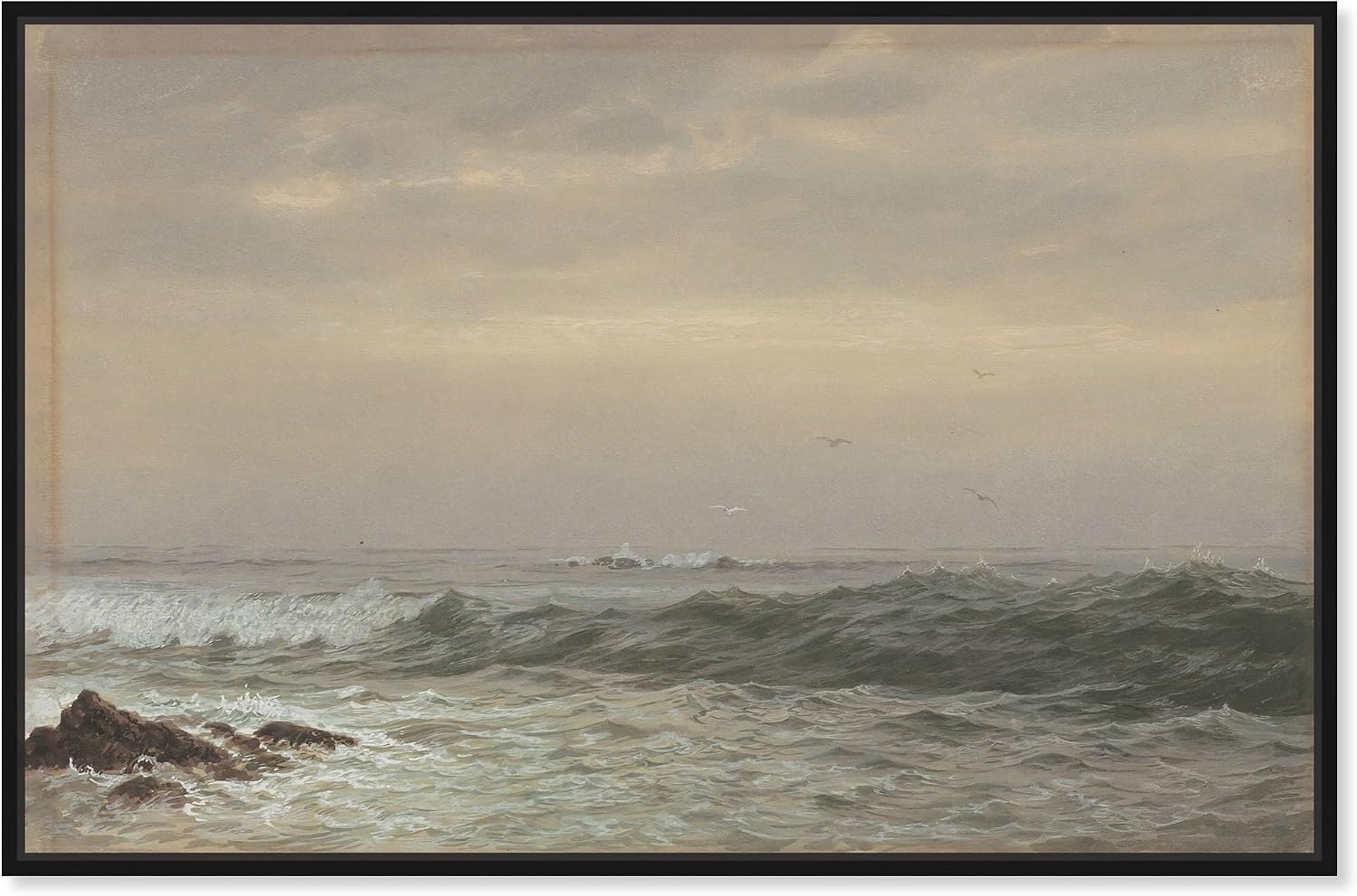 Art Remedy Rocks and Breaking Waves Canvas Coastal Classic Art, Black Frame, 36' x 24'