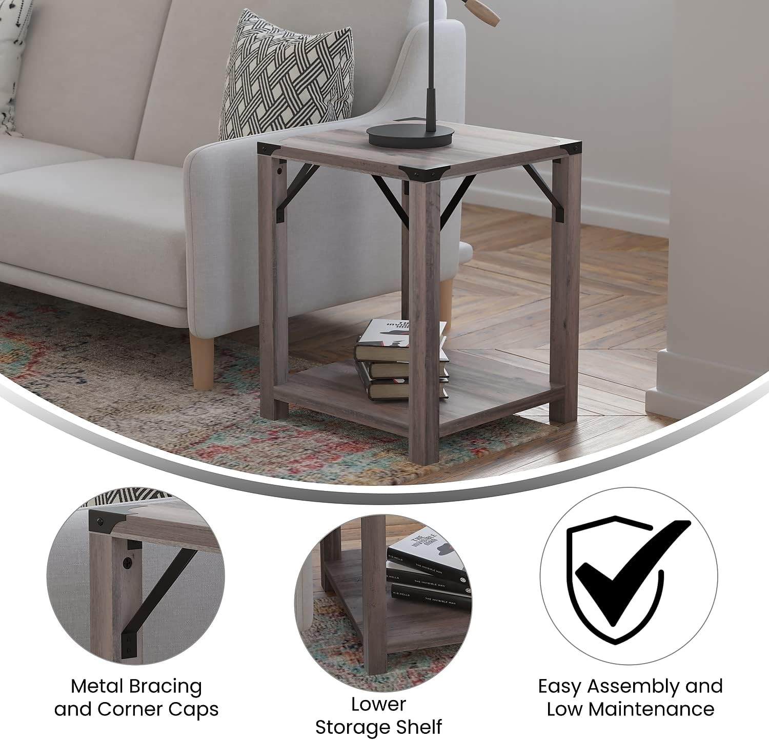 Flash Furniture Wyatt Modern Farmhouse 2 Tier Side Table - Gray Wash Engineered Wood Frame - Black Metal Crisscross Side Braces and Corner Accents