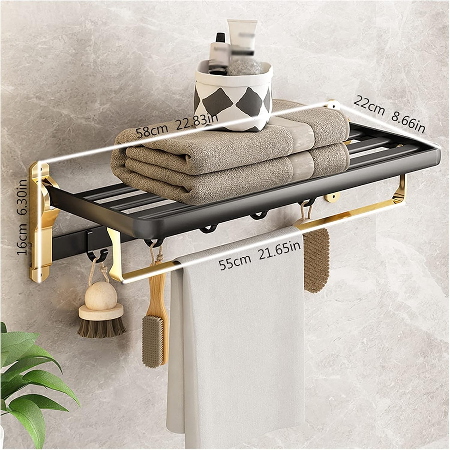 TOMYEUS Shower Caddy Bathroom Shelf Foldable Towel Bar Holder，Floating Shelves Wall Mounted，Bathroom Shelf Wall Mounted with Towel Hooks（Black Gold） Shower Organizer