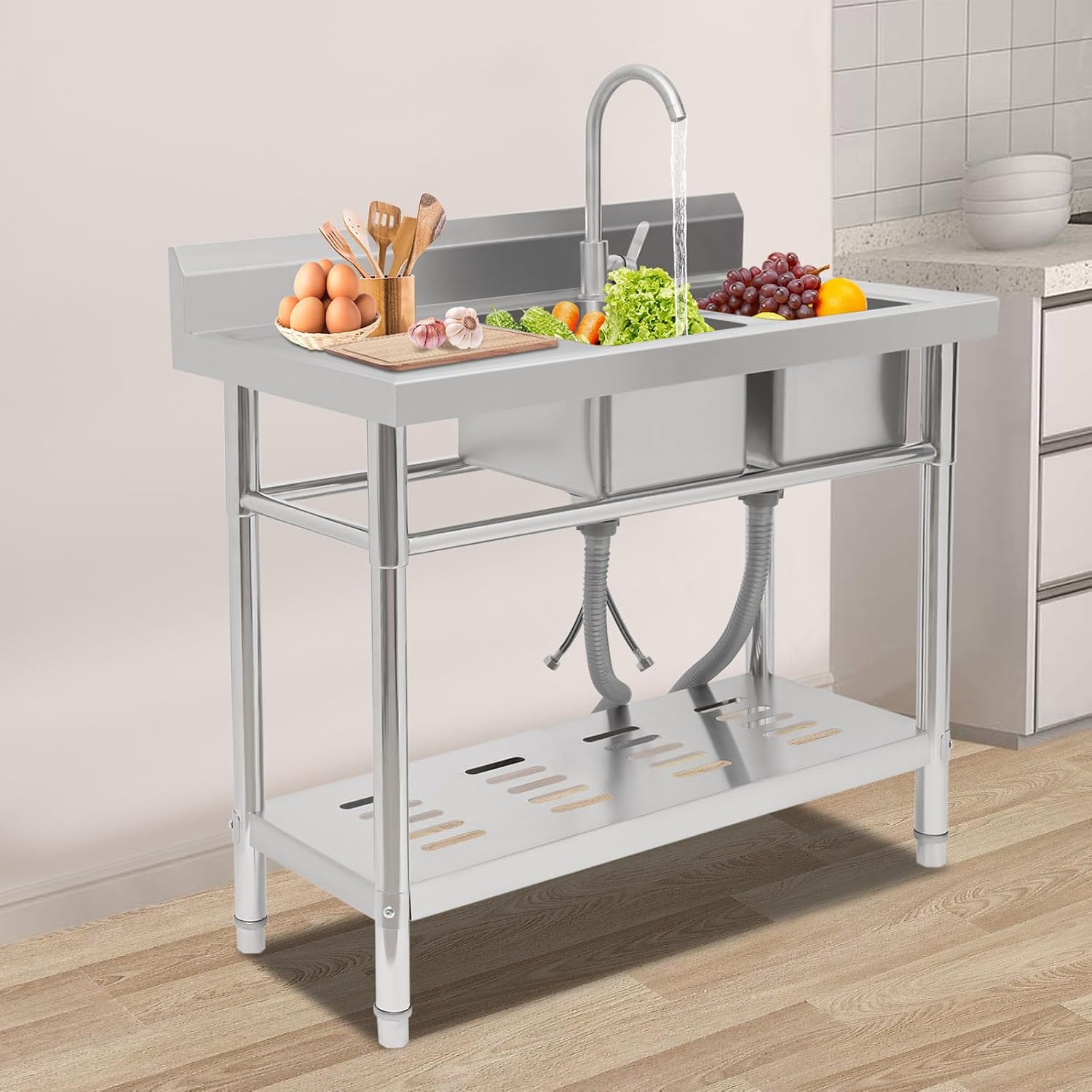 Stainless Steel Sink 2 Compartment Commercial Utility Sink Free Standing Kitchen Sinks with Cold and Hot Water Faucets for Kitchens, Garage, Laundry Room (39.4'W x 19.7'D x 36.6'H)