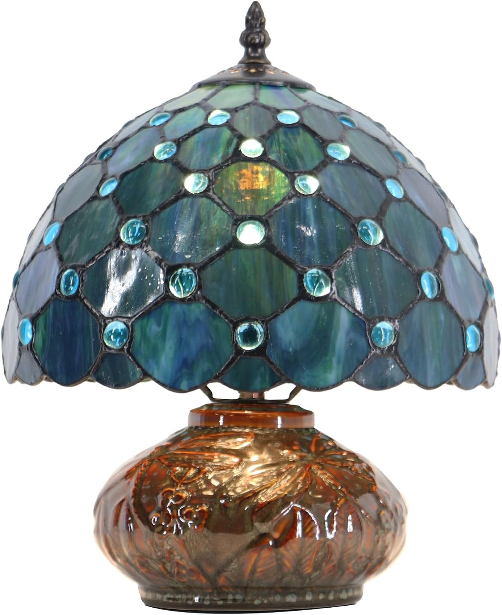 Small Tiffany Table Lamp, 10X10X11 Inch Mini Stained Glass Mushroom Desk Light Memory Sympathy Ceramic lamp (Sea Blue Pearl Style)