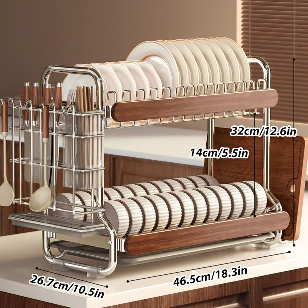Large-Capacity,partitioned Stainless Steel Dish Rack with Thickened Pipes;Multi-Functional Kitchen Storage for Dishes,Bowls,and Chopsticks;Includes a drip Tray(Double Layer)