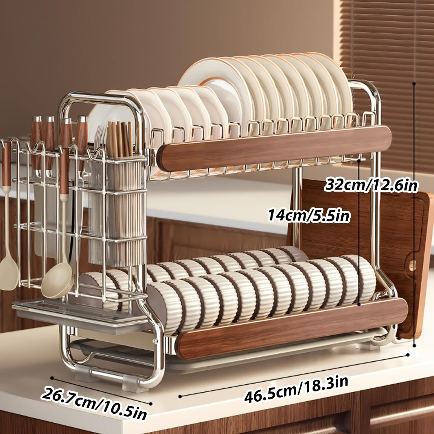 Large-Capacity,partitioned Stainless Steel Dish Rack with Thickened Pipes;Multi-Functional Kitchen Storage for Dishes,Bowls,and Chopsticks;Includes a drip Tray(Double Layer)