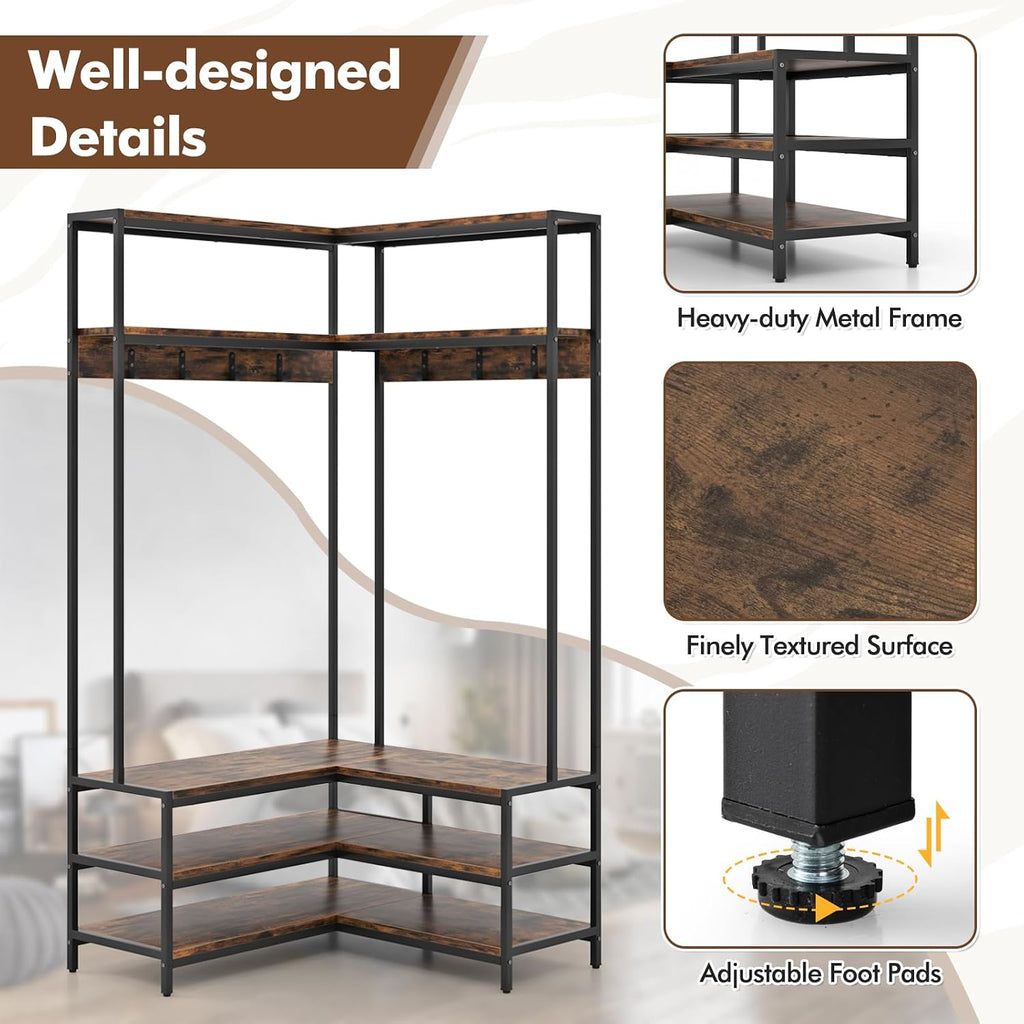 Tangkula Corner Hall Tree, 70 Inch Coat Rack with Bench and Shoe Storage, Entryway Furniture with 7 Hooks, Heavy Duty Metal Frame, Space Saving Clothes Rack Shoes Shelf Organizer (Rustic Brown)