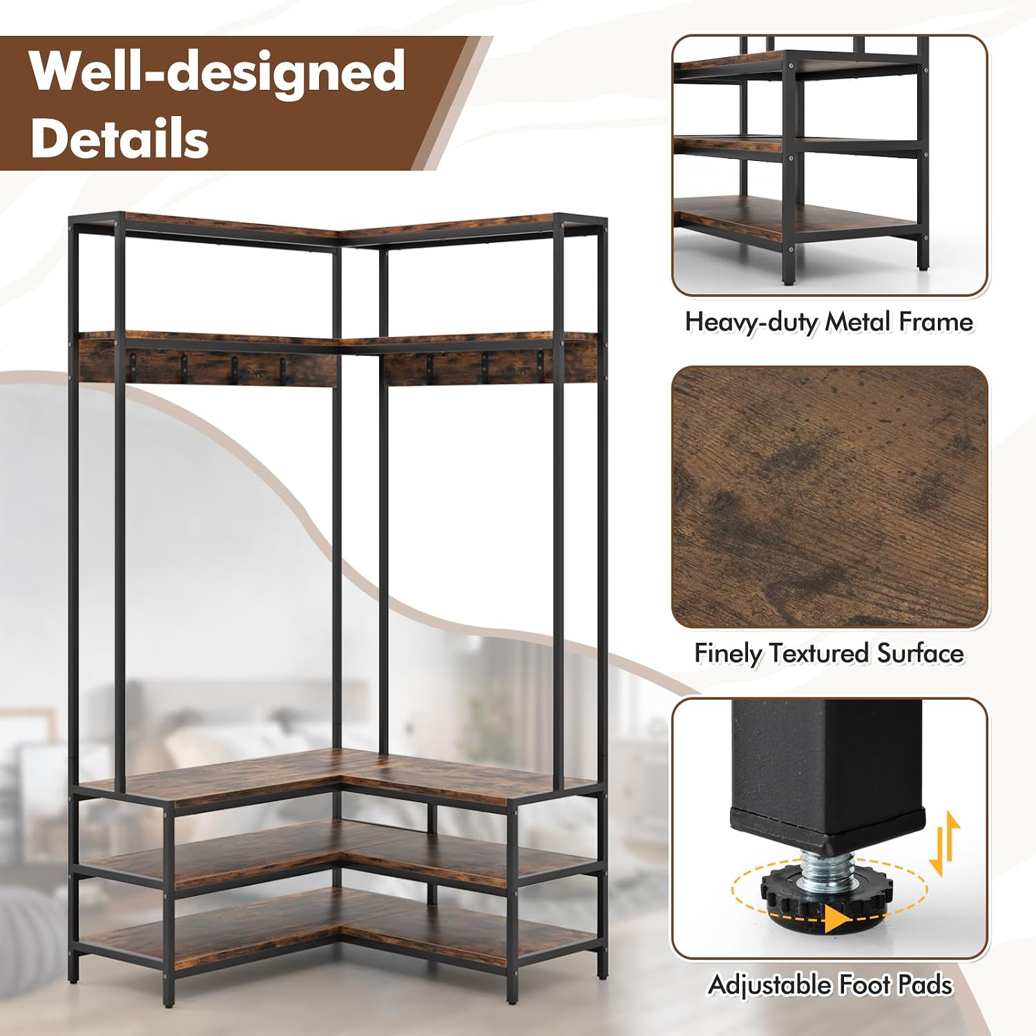 Tangkula Corner Hall Tree, 70 Inch Coat Rack with Bench and Shoe Storage, Entryway Furniture with 7 Hooks, Heavy Duty Metal Frame, Space Saving Clothes Rack Shoes Shelf Organizer (Rustic Brown)