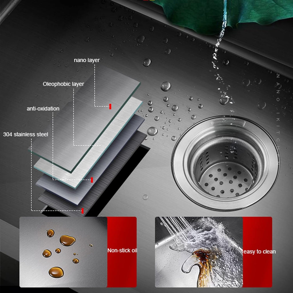 JATIBOSH Kitchen Sinks Large Kitchen Sink, Convenient 3 Hole Design Stainless Steel Sink, Single Bowl Sink Workstation, with Pull-Out Faucet (Color : Black, Size : 50 * 45cm)