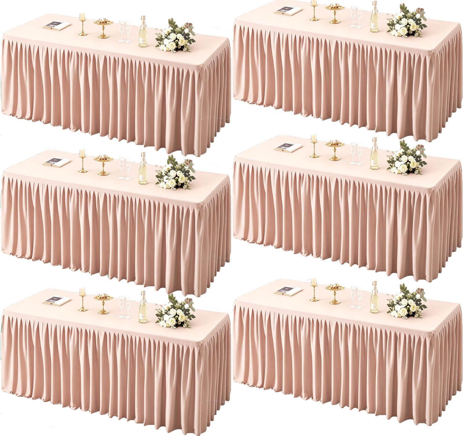 PARTISKY 6 Pack Pale Pink Tablecloths for Rectangle Tables 8ft, Wrinkle Resistant Spandex Table Cover Fitted Stretch Table Cloth with Pleated Ruffle Skirts for Party Banquet Dining Birthday Wedding