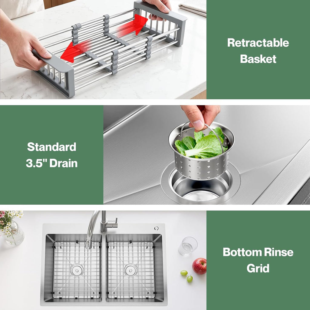 33' x 22' x 9' Drop-In Double Bowl Kitchen Sink, Topmount Stainless Steel with Satin Finish, Soundproofing & Protective Bottom Grid