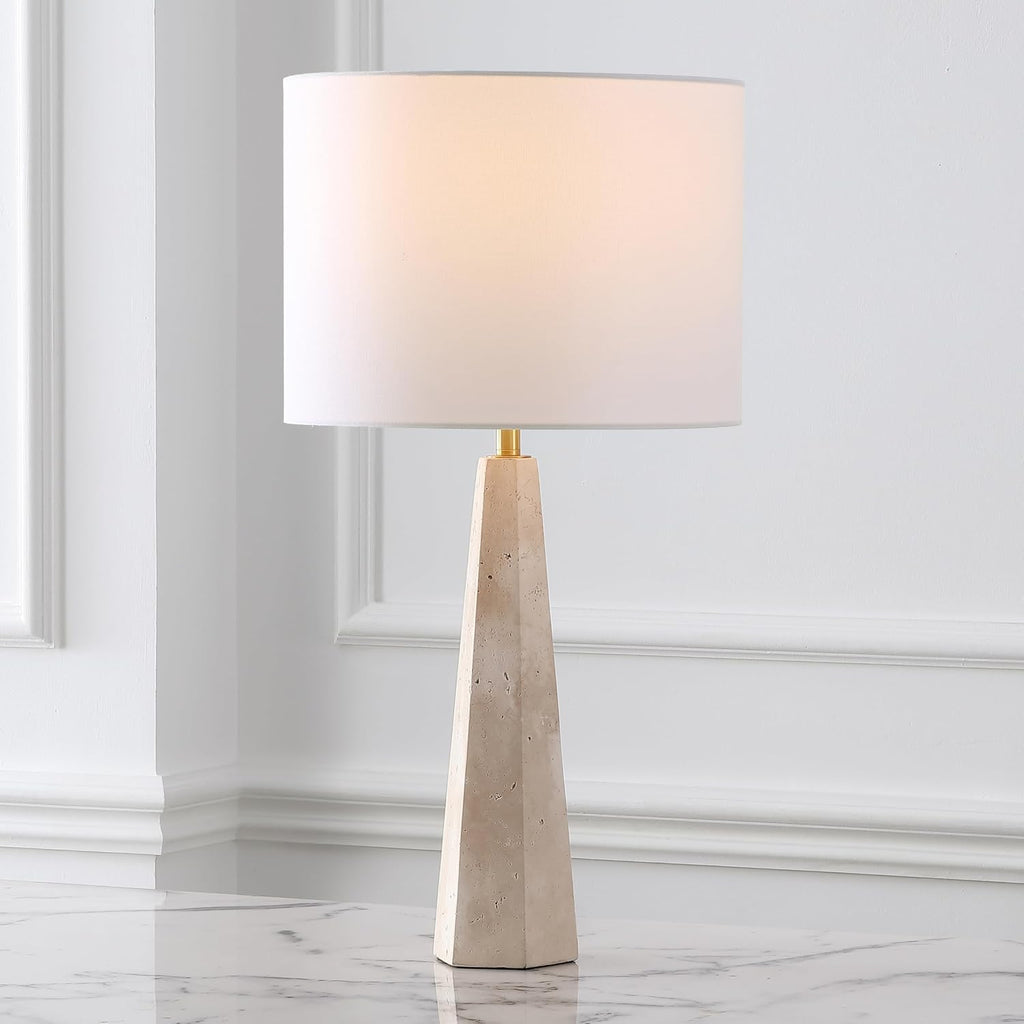 SAFAVIEH Couture Lighting Collection Gabryanna Travertine/White 26-inch Dimmable Table Lamp for Bedroom Living Room Home Office Desk Nightstand (LED Bulb Included)