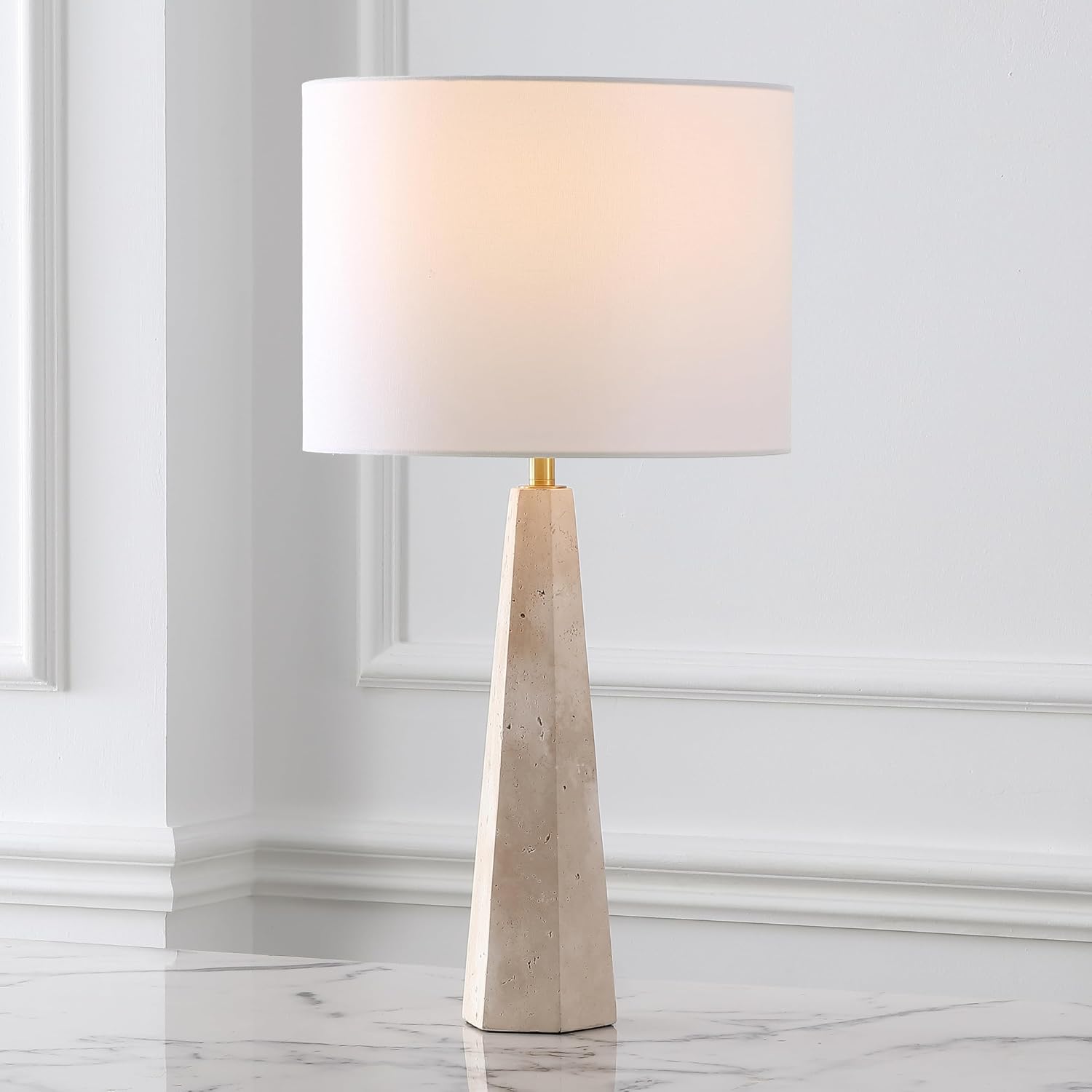 SAFAVIEH Couture Lighting Collection Gabryanna Travertine/White 26-inch Dimmable Table Lamp for Bedroom Living Room Home Office Desk Nightstand (LED Bulb Included)