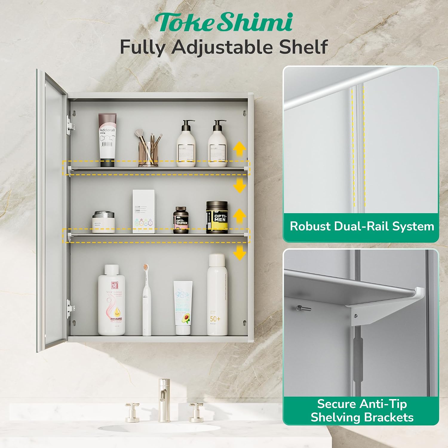 TokeShimi 12 x 36 Medicine Cabinet with Tempered Beveled Mirror, Assembly Required, Silver Medicine Cabinet for Bathroom, Stepless Adjustable Shelves, DTC Hinge, Recessed/Surface-Mounted