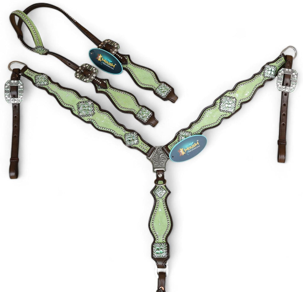 Western Leather Headstall & Breast Collar Set for Horses - Valentine's Day Silver Metallic Cowhide with Rhinestones