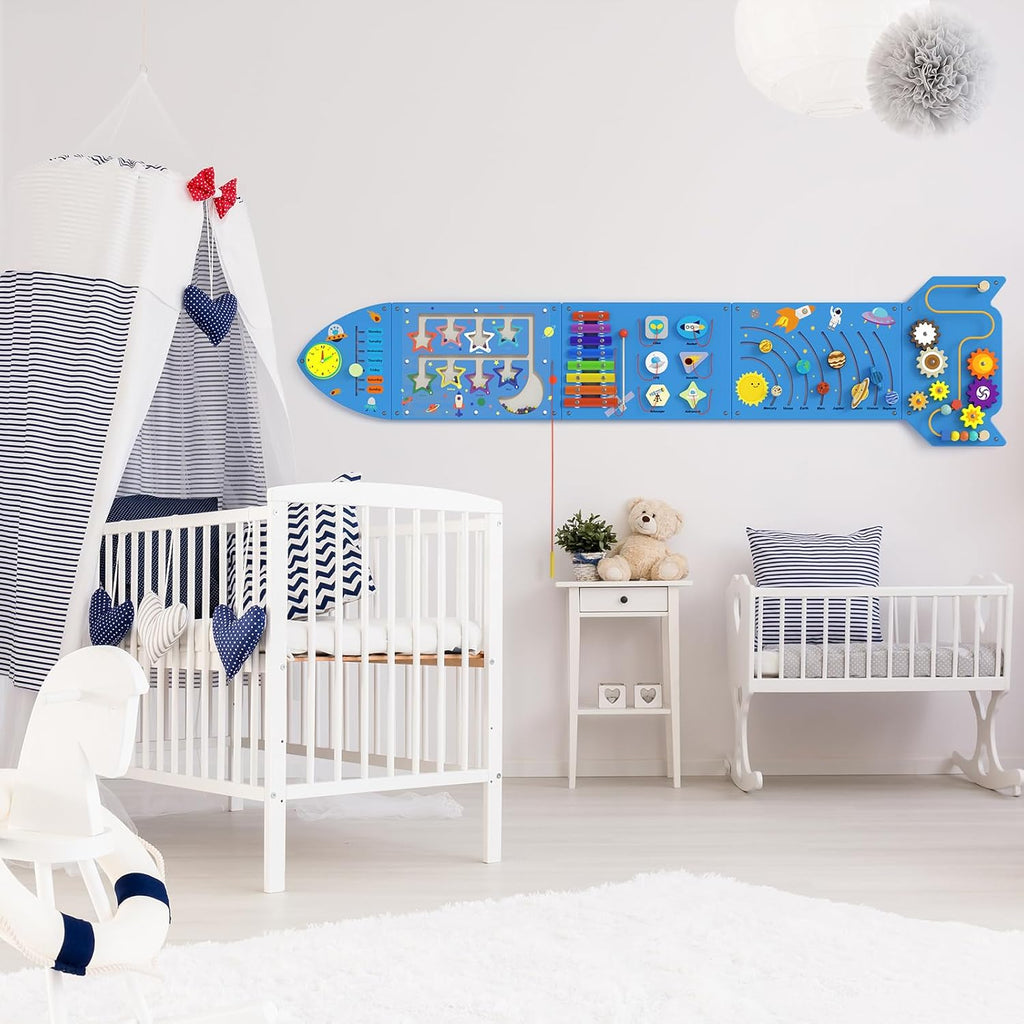 Rocket Activity Wall Busy Board Panels - Sensory Wall Panel for Kids, Montessori Toddler Wall Activity Board, Wall Toys for Toddlers 3, Activity Cube, Wooden Boards, Blue