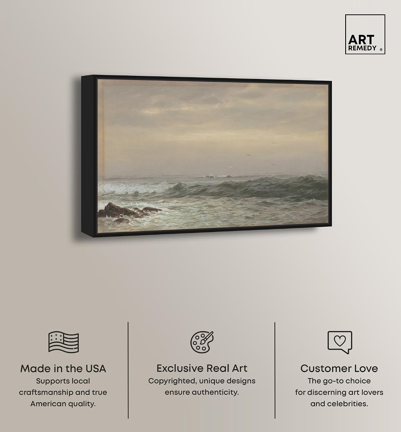 Art Remedy Rocks and Breaking Waves Canvas Coastal Classic Art, Black Frame, 30' x 20'