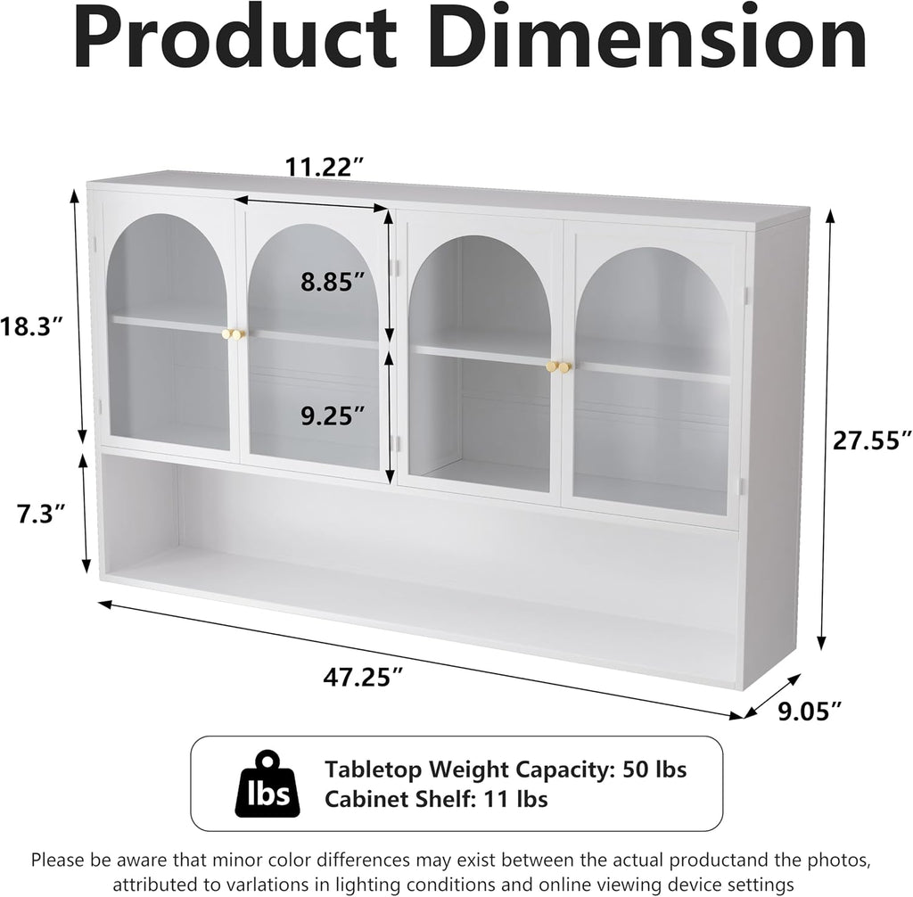 Retro Style Tempering Glass Door Wall Cabinet with Detachable Shelves and Open Shelves，for Office Dining Room,Living Room, Kitchen and Bathroom.White