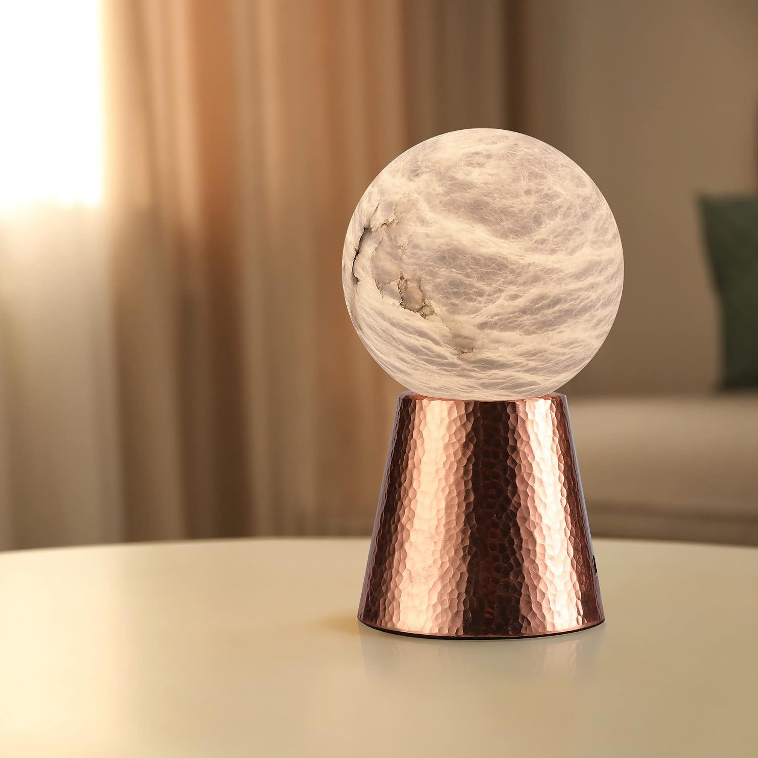 Handcrafted Natural Spanish Alabaster Stone Moon Lamp with Purple Copper Stand Elegant LED Night Light Premium Mini Table Lamp for Home, Office, and Luxury Decor
