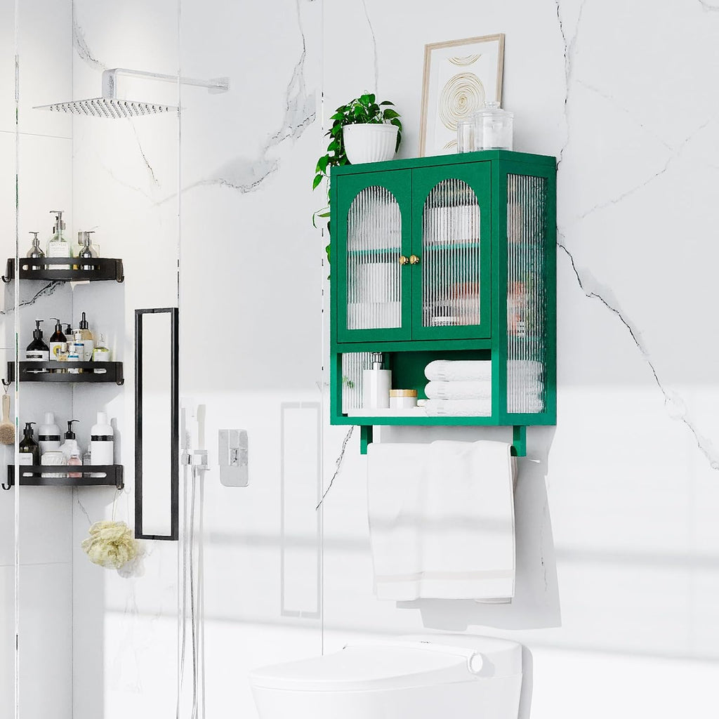 ALBAD Metal Bathroom Wall Cabinet with Fluted Glass Door and Towel Bar Wall-Mounted Medicine Cabinets Above the Toilet for Modern Bathroom, Kitchen, Garage, Laundry Room, Green