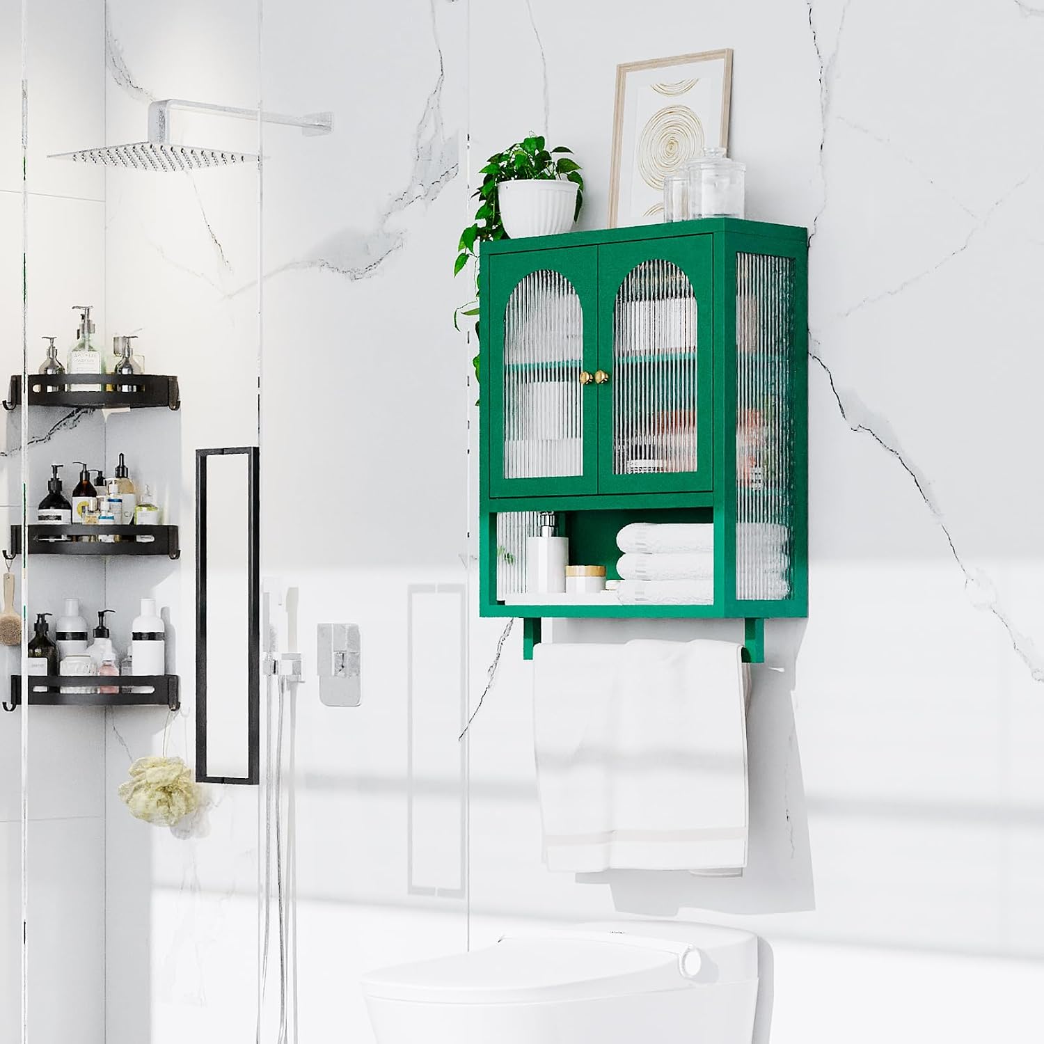 ALBAD Metal Bathroom Wall Cabinet with Fluted Glass Door and Towel Bar Wall-Mounted Medicine Cabinets Above the Toilet for Modern Bathroom, Kitchen, Garage, Laundry Room, Green