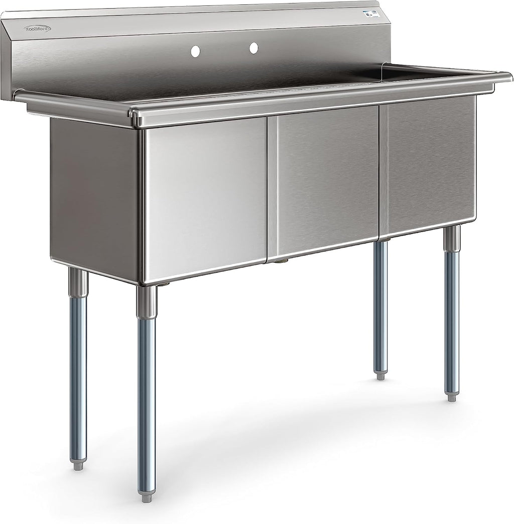 KoolMore 51 in. Three Compartment 18-Gauge Stainless-Steel NSF Commercial Kitchen Sink, Bowl Size 15x15x14, with Three Basins and Pre-Drilled Faucet Holes for Restaurants and Cafes (KM-SC151514-N3)