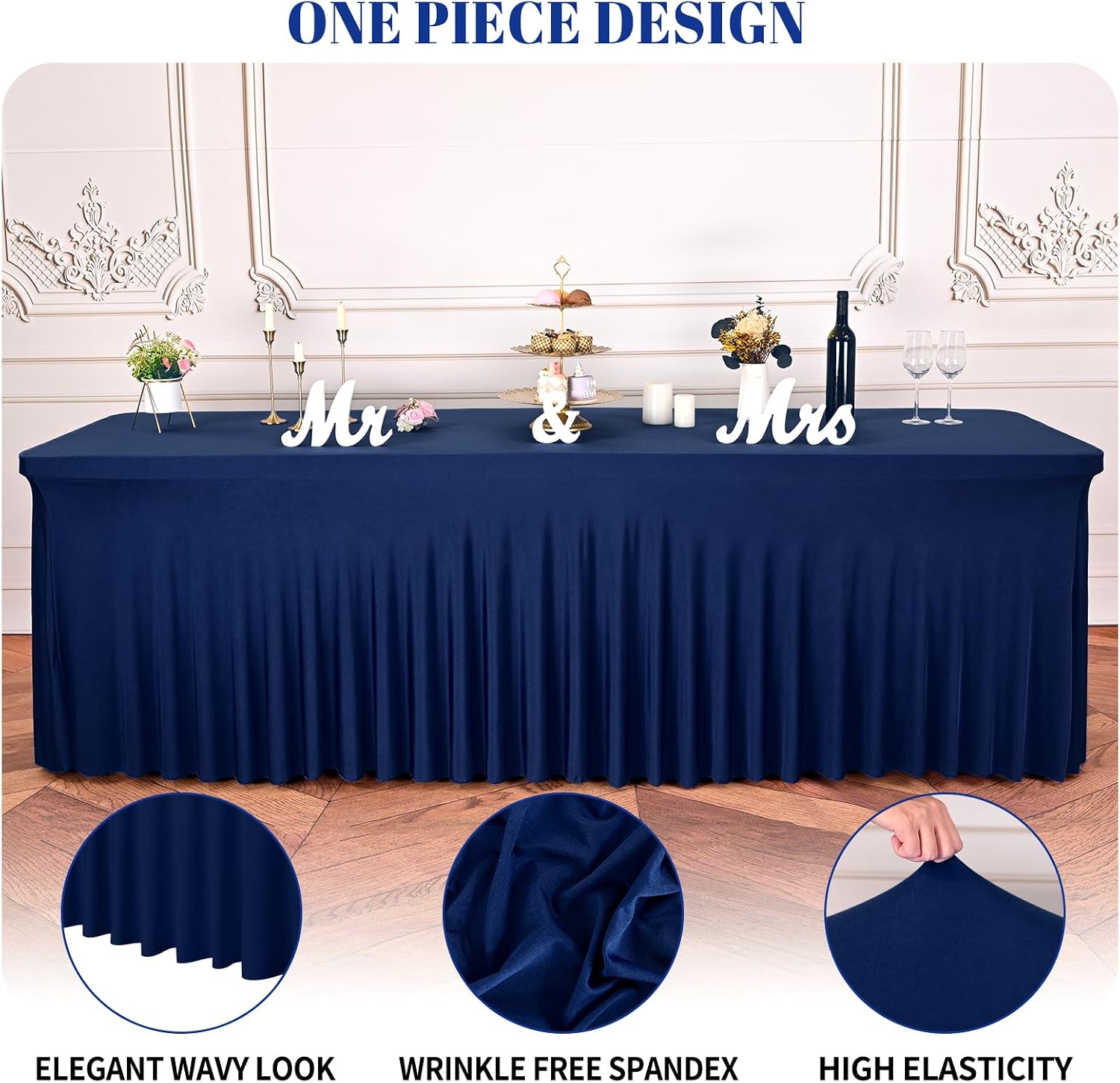 fani 6 Packs Navy Blue Stretch Table Skirts for 8 Foot Rectangle Table, Washable Spandex Stretch Tablecloths with Skirt, Wrinkle Resistant Fitted Tablecover for Wedding Party Banquet