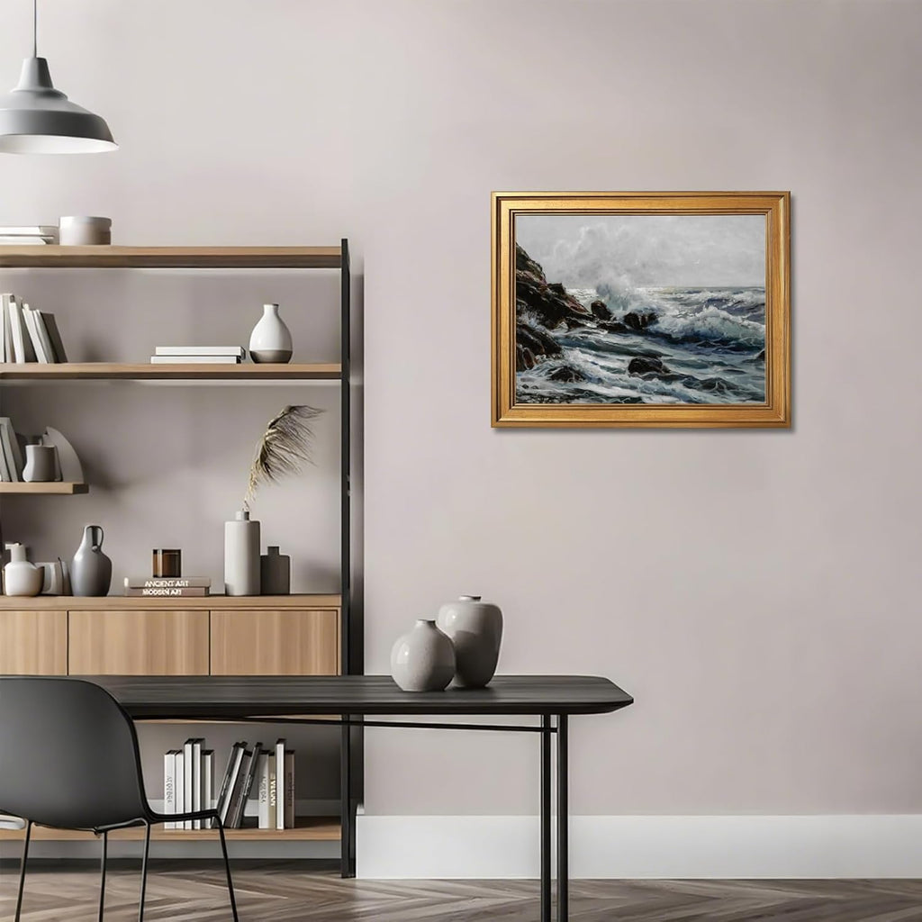 Moody Wave-Crashed Rocks Wall Art Vintage Minimalist Stormy Seascape Canvas Print Impressionist Classic Nautical Poster for Bedroom Living Room Maritime Artwork Home Wall DecorGolden frame24X36inch
