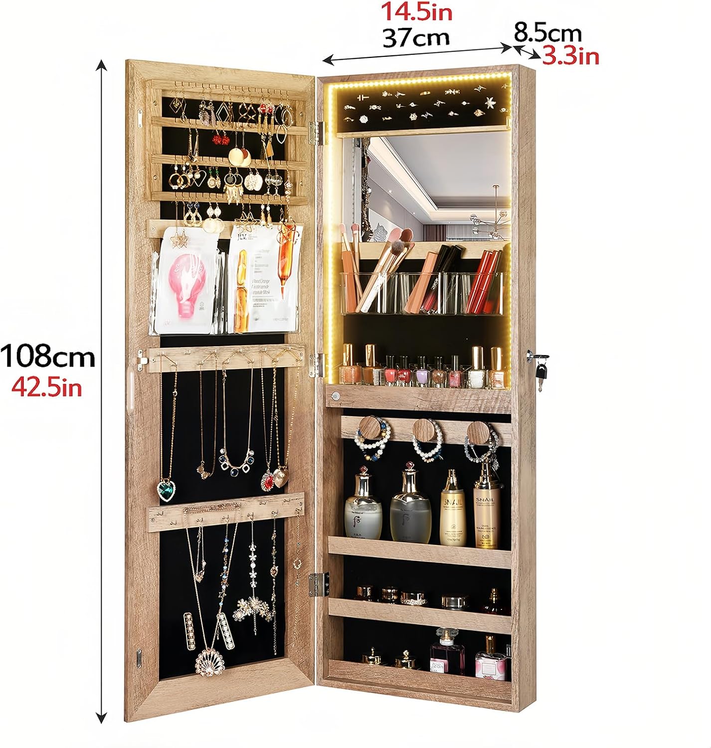 LED Lights Jewelry Cabinet, Door Hanging/Wall Mounted Jewelry Armoire, Lockable Cosmetics Organiser, Easy Assembly, Valentines Gifts