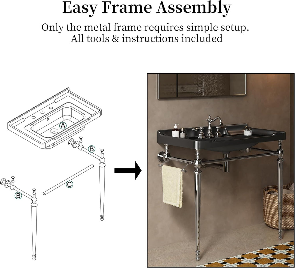 Yayzy 36' Bathroom Vanity with Black Ceramic Sink, Wall-Mounted Console Style, Silver-Finish Stainless Steel Legs & Towel Bar, 3 Faucet Holes, No Faucet