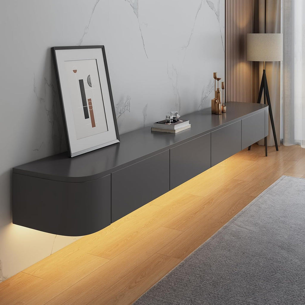 Floating TV Stand - Wall Mounted Media Console with 2 Drawer, Floating Entertainment Center TV Cabinet, Wall Mounted Audio/Video Shelf for Home Room (Grey+LED, 70.87x7.87x9.45IN)