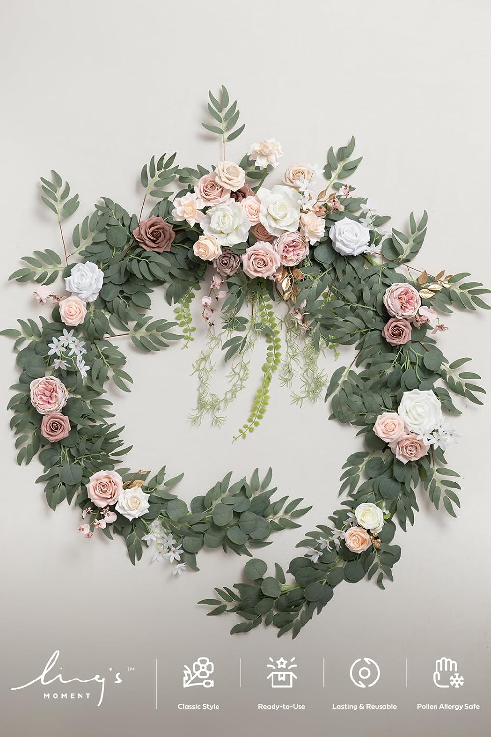 Ling's moment 9FT Spring Flower Garland for Backdrop Decorations - Wedding Arch Flowers, Eucalyptus & Rose, Artificial Floral Garland for Mantle - Sweetheart Table Decor for Reception, Dusty Rose