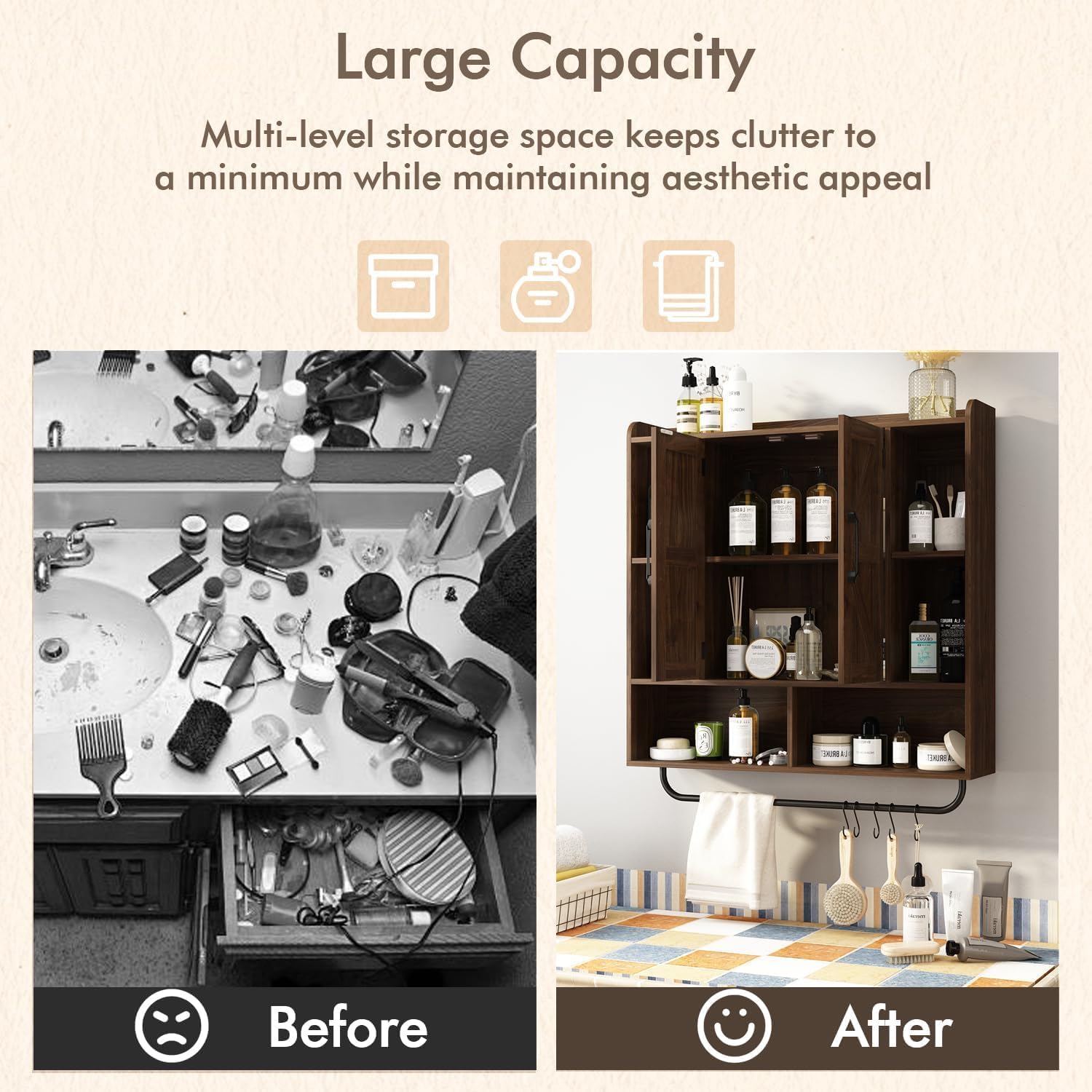 RUSTOWN Rustic Wood Wall Bathroom Cabinet, Farmhouse Medicine Cabinet Wall Mounted, Space Saving Wall Storage Cabinet with 2 Barn Door, 3-Tier Adjustable Shelves and Towel Bar(Dark Walnut)