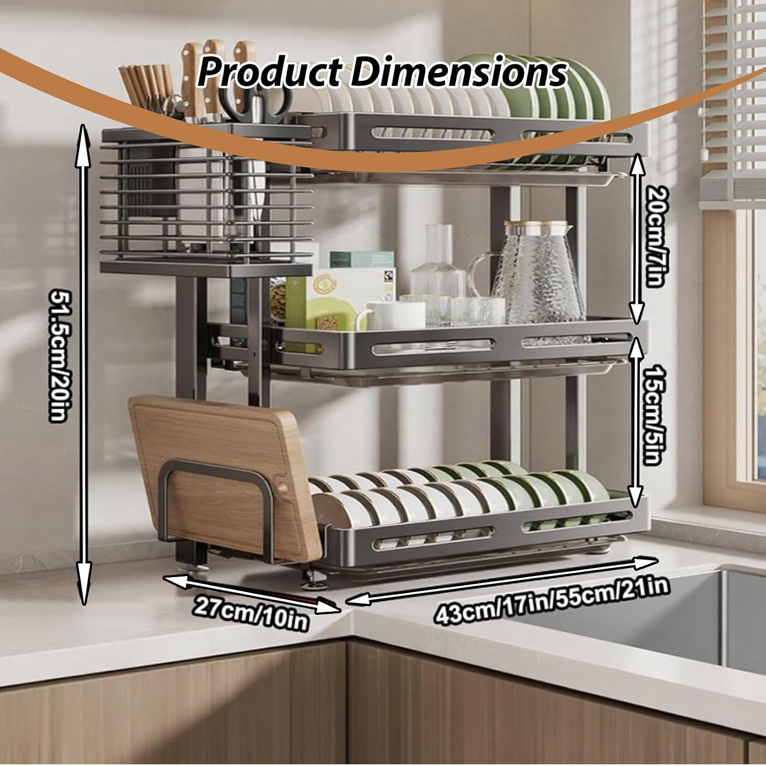 Large Capacity 304 Stainless Steel Kitchen Storage Rack,Drainer for Dishes,Dish Drying,Foldable countertop Holder for Chopsticks,Bowls,and Plates, Multi-Functional(White Triple-Lay