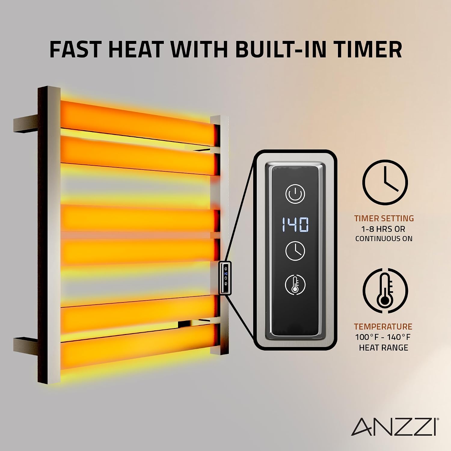 ANZZI Starling 6-Bar Wall Mounted Brushed Nickel Towel Warmer, Energy Efficient 80W Electric Plug in Heated Towel Rack for Bathroom, Stainless Steel Towel Heater Rail Quick Towel Dryer, TW-AZ025BN