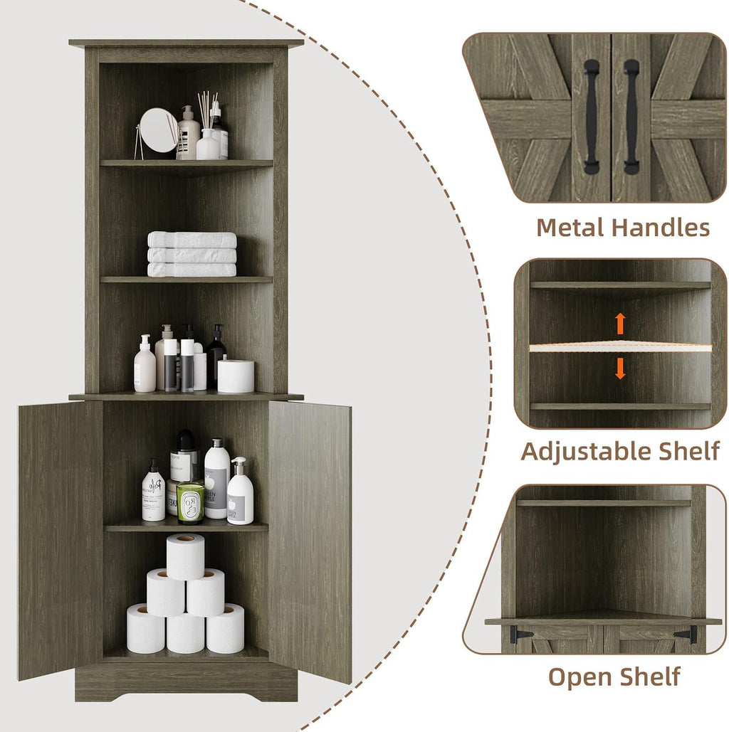 4 EVER WINNER Farmhouse Corner Cabinet, 68' Tall Corner Cabinet with 5-Tier Adjustable Shelves and Barn Doors for Small Spaces, Living Room, Dining Room, Hallway, Bathroom, Kitchen, Grey