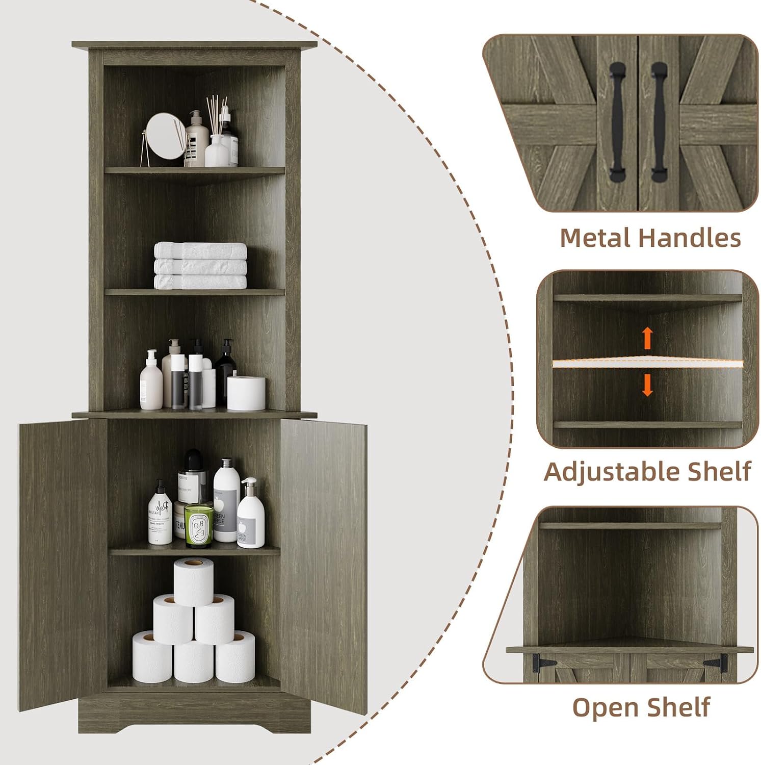 4 EVER WINNER Farmhouse Corner Cabinet, 68' Tall Corner Cabinet with 5-Tier Adjustable Shelves and Barn Doors for Small Spaces, Living Room, Dining Room, Hallway, Bathroom, Kitchen, Grey