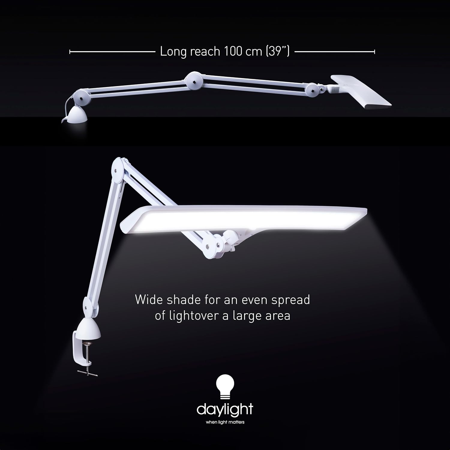 Daylight Company Lumi Task Lamp,+95 CRI, 4000 Lux,Craft Light, Super Bright Desk Lamp, Touch Dimmable, 2 Brightness Levels, Ideal Table Light, Drawing Lamps - Metal - 15 W