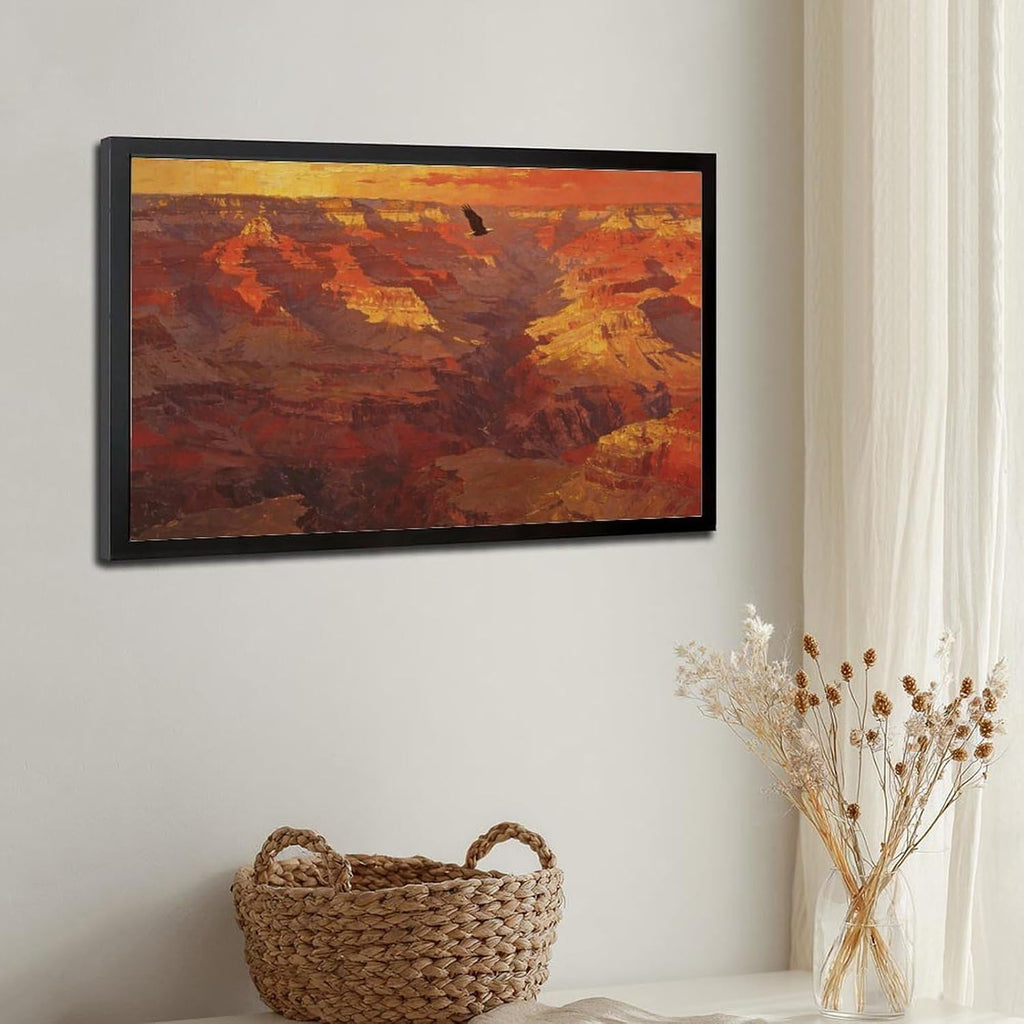 Canyon Sunset Landscape Wall Art Print, Dramatic Red Rock Vista with Soaring Eagle Painting Poster for Home Office Decor 20x30in