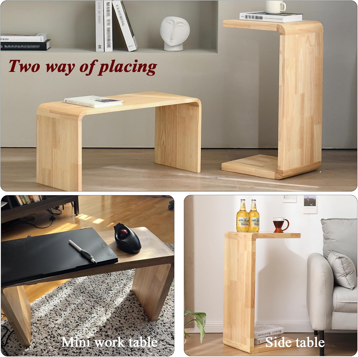 C-Shaped Side Table, Solid Wood End Table for Couch Sofa and Bed, Wooden C Tables for Living Room Bedroom, Small Snack Tray Table for Space Saving (1, 24.4' H-Brown)