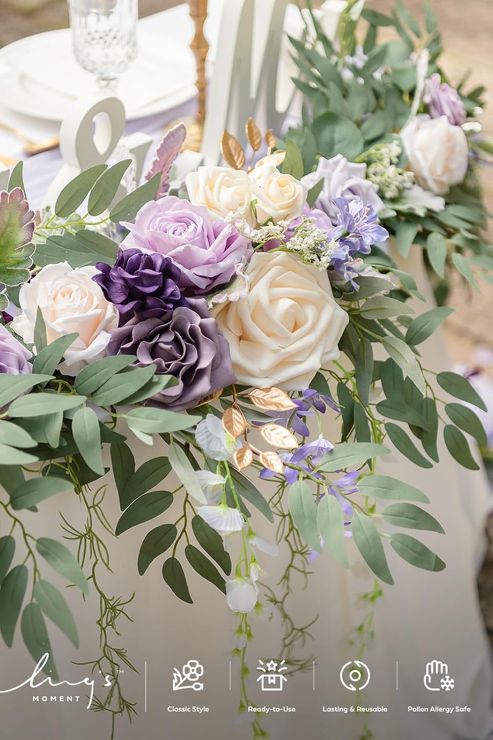 Ling's moment 9FT Flower Garland for Backdrop Decorations - Wedding Arch Flowers, Eucalyptus & Rose, Artificial Floral Garland for Mantel - Sweetheart Table Decor for Ceremony Reception, Lilac & Gold