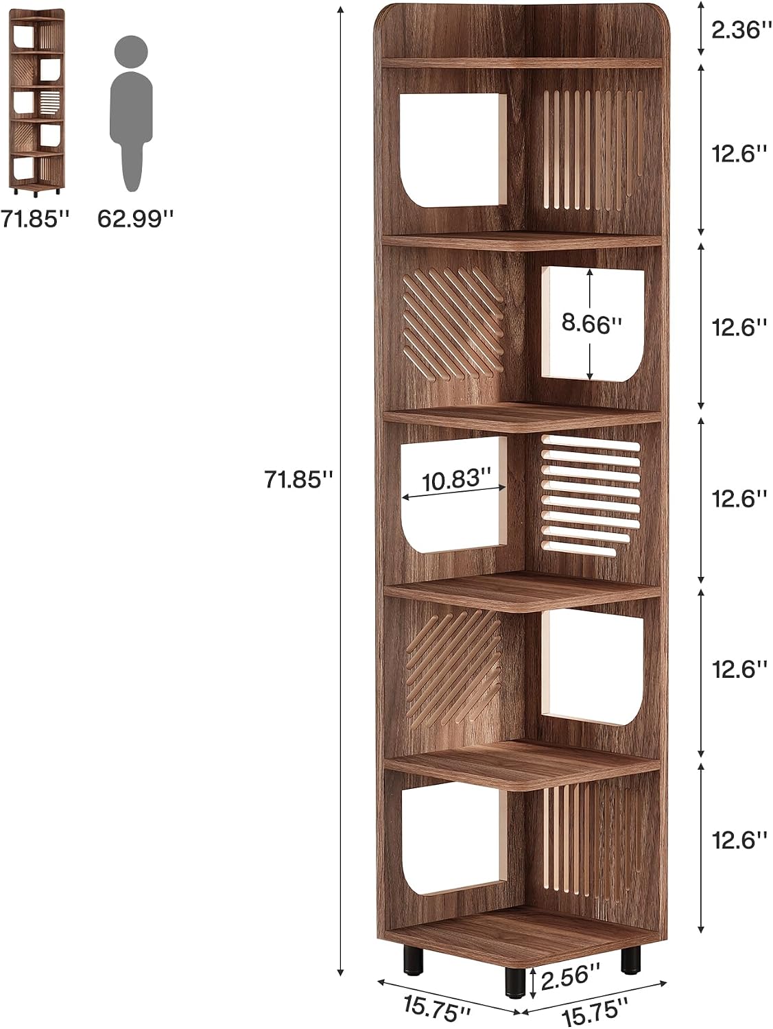 Tribesigns 6-Tier Corner Bookshelf, Tall Narrow Corner Shelf Bookcase with Hollow Design, Farmhouse Skinny Display Shelf for Living Room, Bedroom, Small Space, Brown