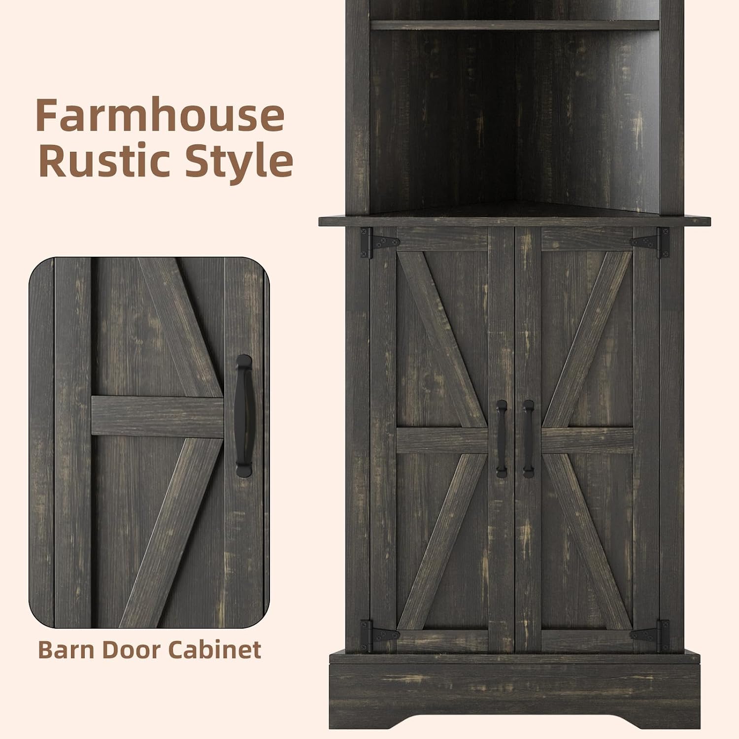 4 EVER WINNER Farmhouse Corner Cabinet, 68' Tall Corner Cabinet with 5-Tier Adjustable Shelves and Barn Doors for Small Spaces, Living Room, Dining Room, Hallway, Bathroom, Kitchen, Rustic Oak