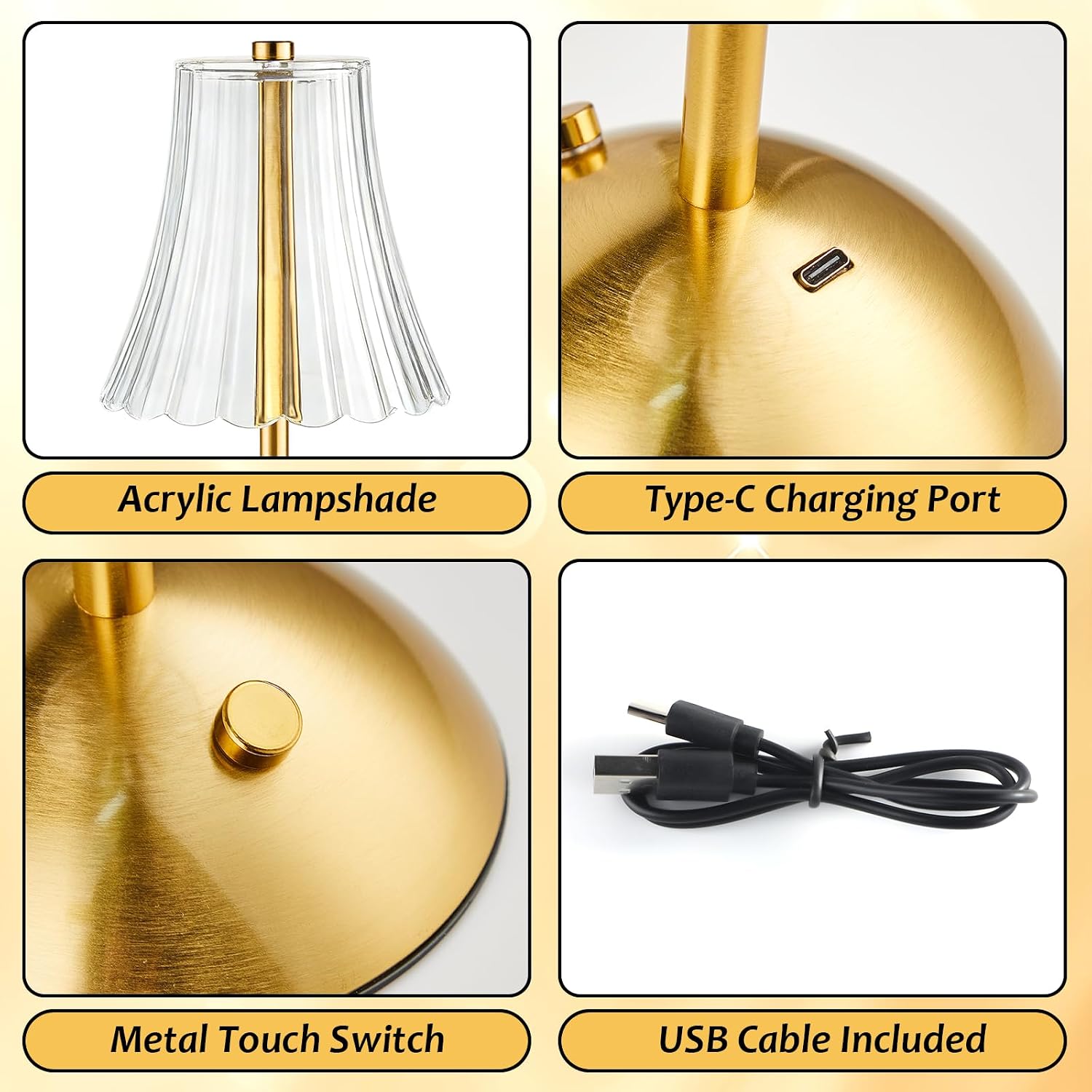 8 Pcs Cordless Table Lamp Gold Cordless Battery Operated Touch Table Lamps Rechargeable 3 Color Dimmable LED Portable Flower Lamp for Bedroom Living Room Kitchen Dining Outdoor