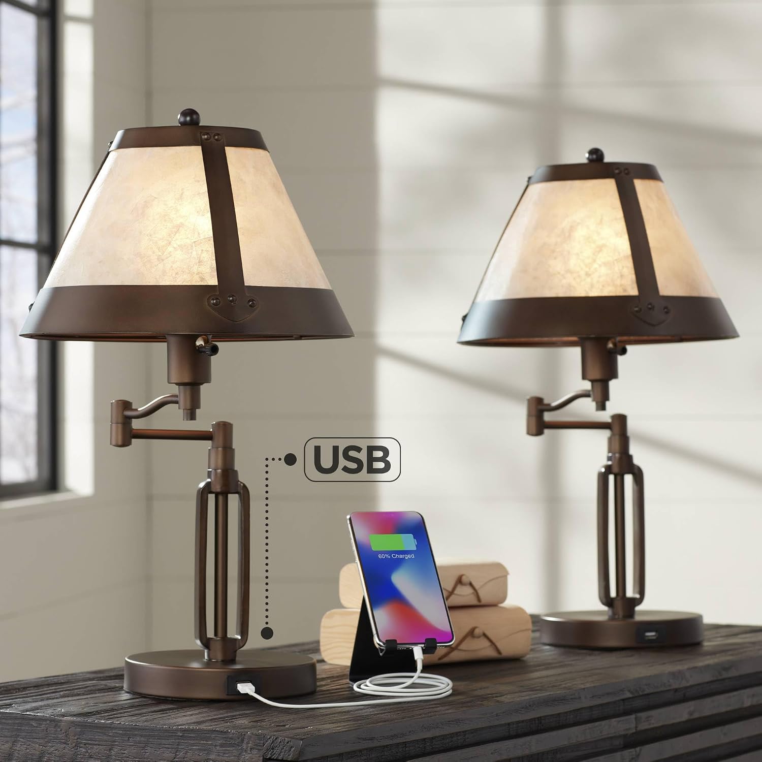 Franklin Iron Works Samuel Rustic Industrial Desk Table Lamps with USB Charging Port 21 1/4' High Set of 2 Bronze Swing Arm Mica Shade for Bedroom Living Nightstand Bedside Office Kids Room House