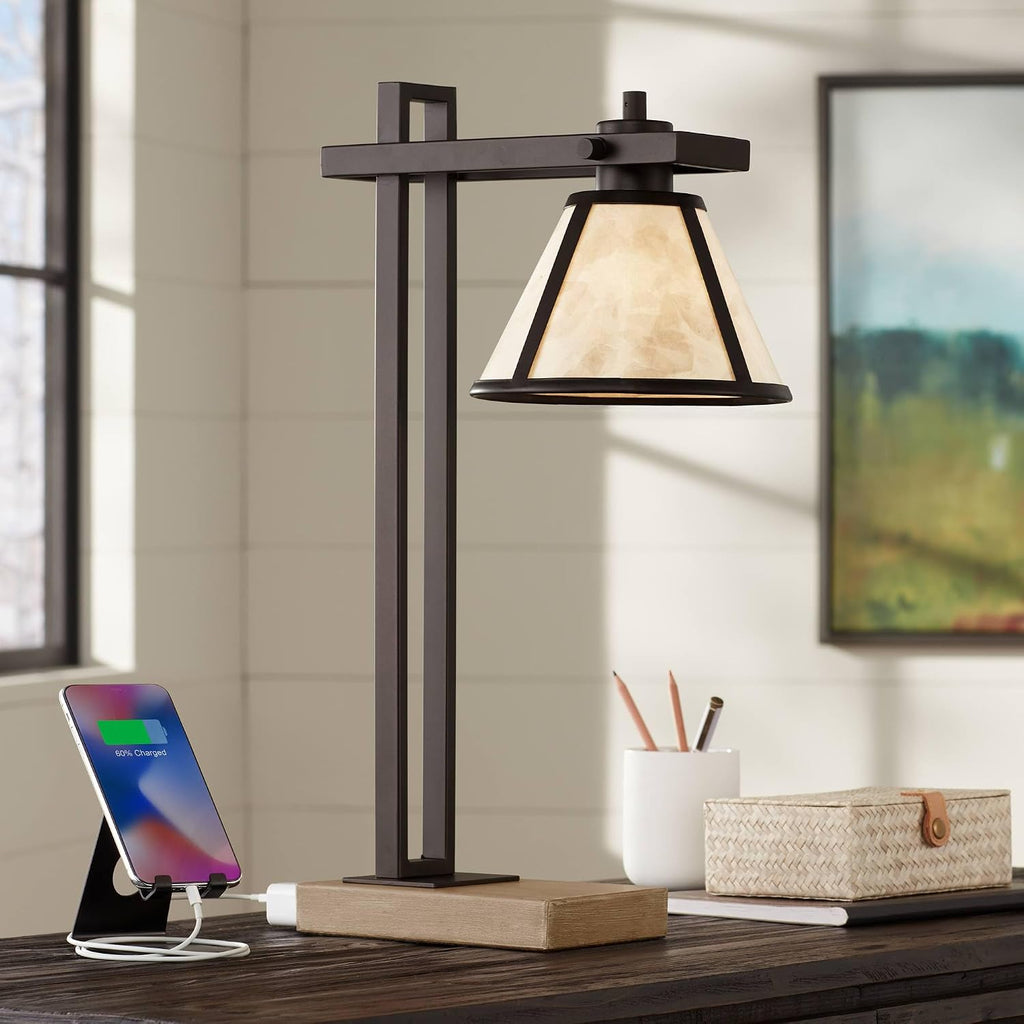 Franklin Iron Works Maricopa Rustic Farmhouse Desk Table Lamp with USB and AC Power Outlet in Base 21.25' High Bronze Wood Mica Shade for Cottage Core Living Room Bedroom House Bedside Nightstand