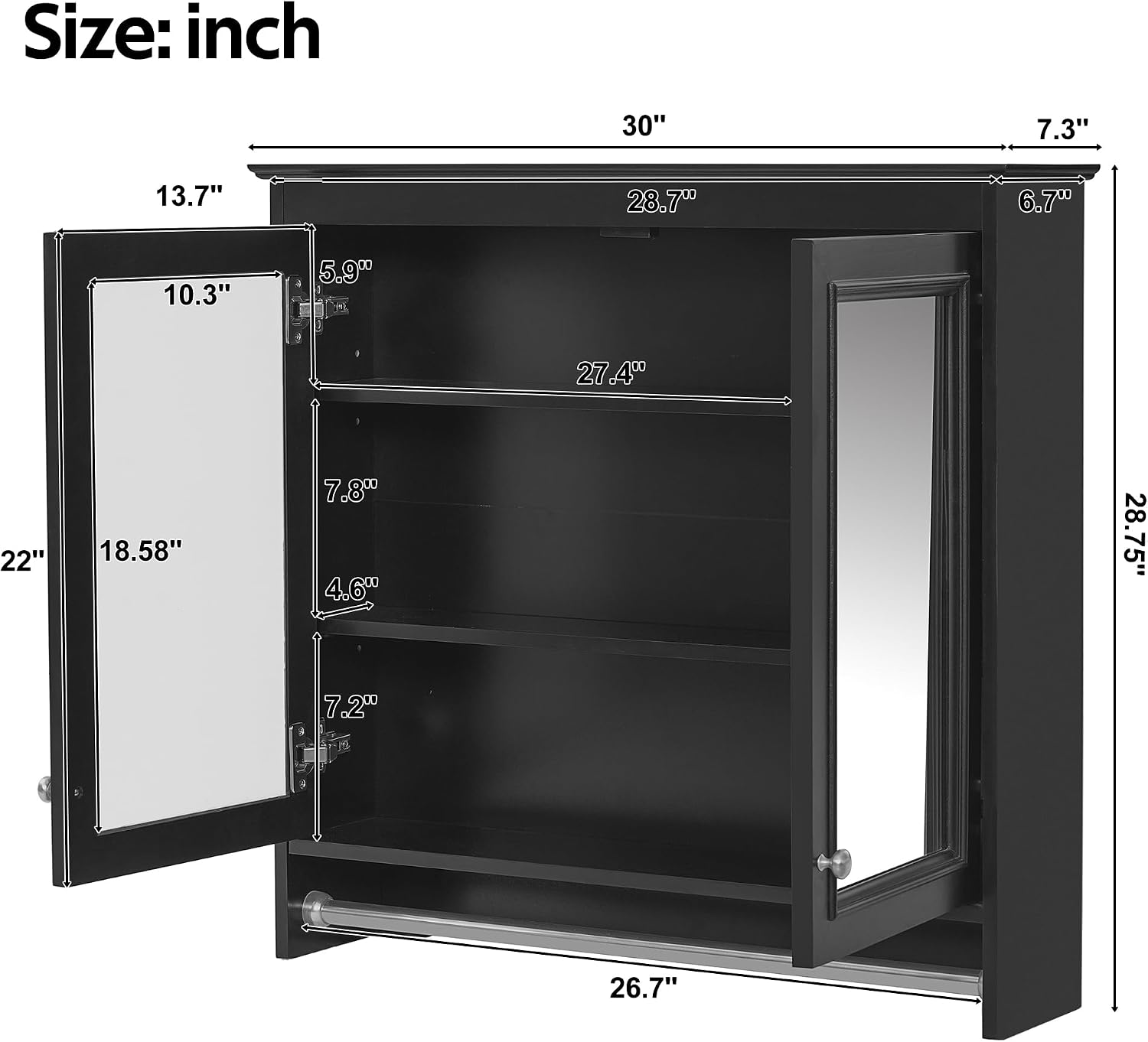 Merax 3-in-1 Bathroom Mirror Cabinet with Adjustable Shelves, Soft Close Doors & Towel Bar, 30' Wall Mounted Medicine Cabinet with High-Definition Mirror, Versatile Storage for Vanity, Bedroom, Black