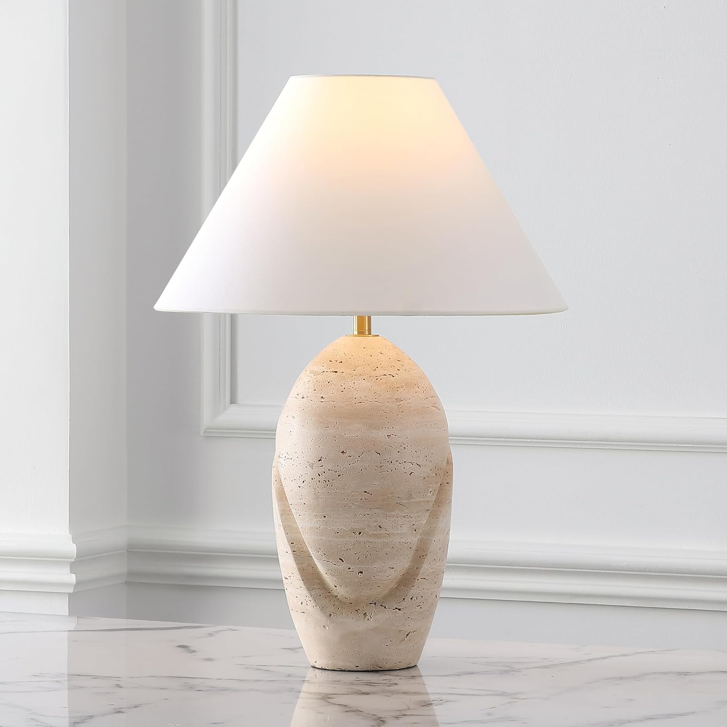 SAFAVIEH Couture Lighting Collection Janette Travertine/White 25-inch Table Lamp for Bedroom Living Room Home Office Desk Nightstand (LED Bulb Included)